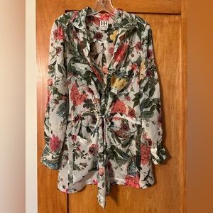 Haute Hippie Sheer Silk Floral Tunic, Rollup Sleeves Open Front Drawstring Waist